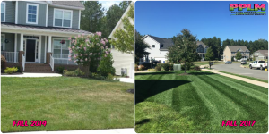 Picture Perfect Lawn Maintenance | 804-530-2540 | Before and After | full service yard care fertlization aeration seeding mowing striped grass Moseley VA