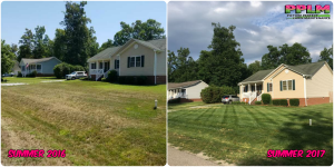 Picture Perfect Lawn Maintenance | 804-530-2540 | Before and After | full service yard care family owned fertilizer mowing pruning Chester VA